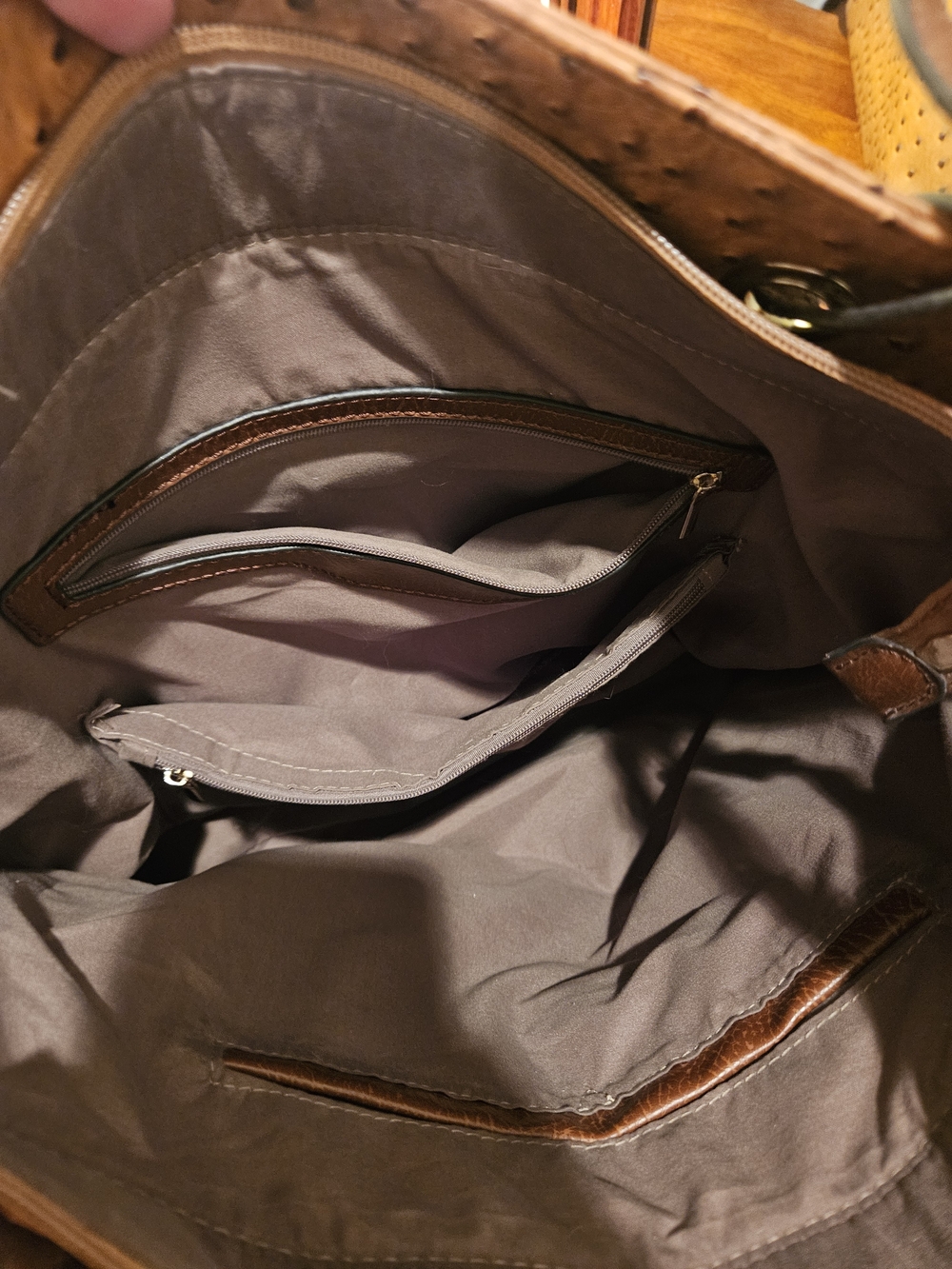 Tan Perforated Ostrich-Embossed Large Tote Bag - Picture 4 of 7
